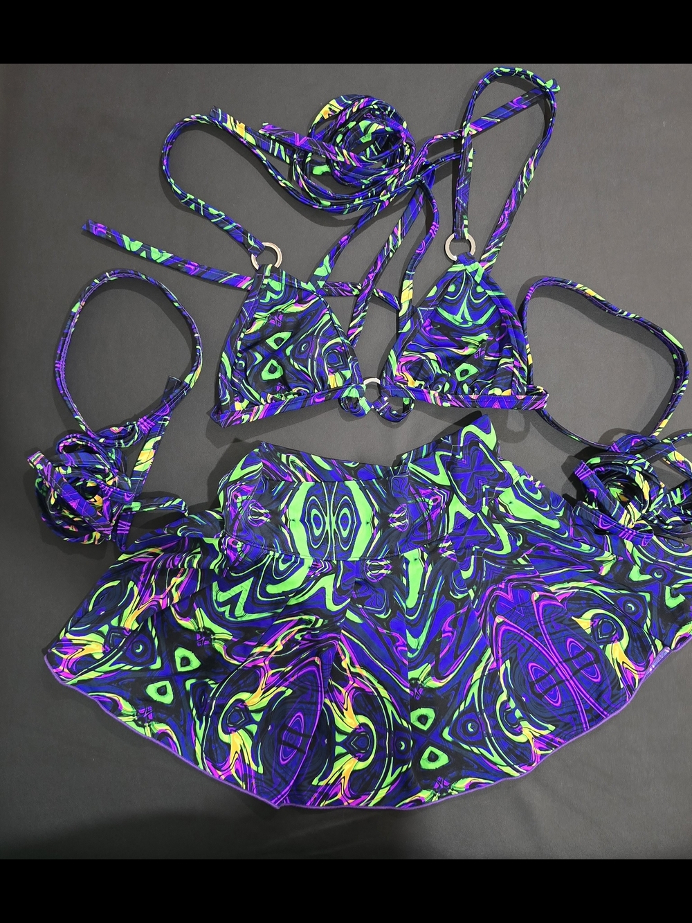 Neon Swirl Triangle Bikini Set with Skirt